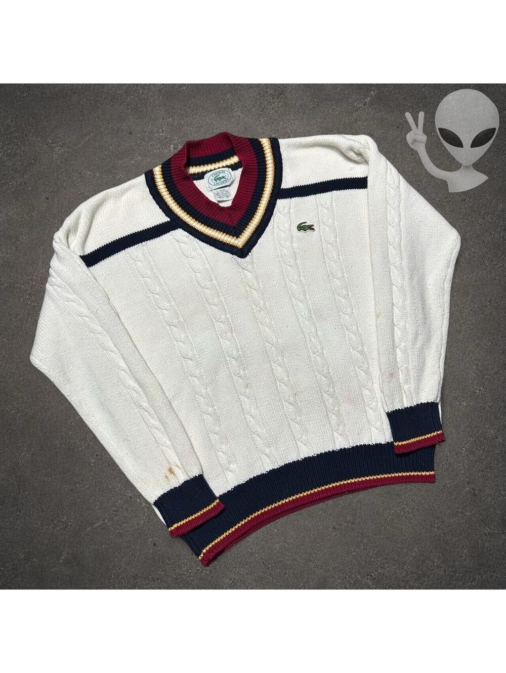 Lacoste V-Neck Cable Knit Tennis Sweater Women L White Vintage Preppy